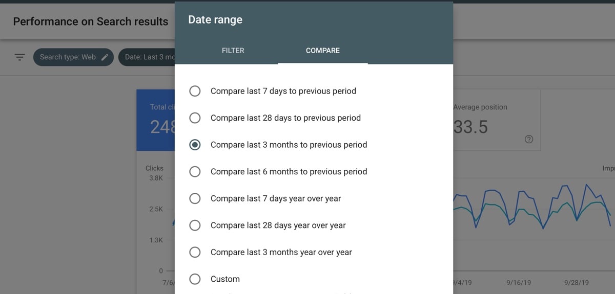 Google search console Compare performance reports