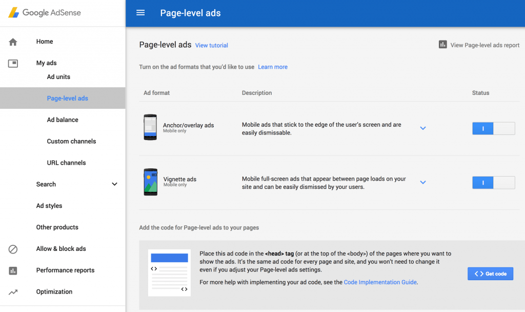 Adsense page level ads options