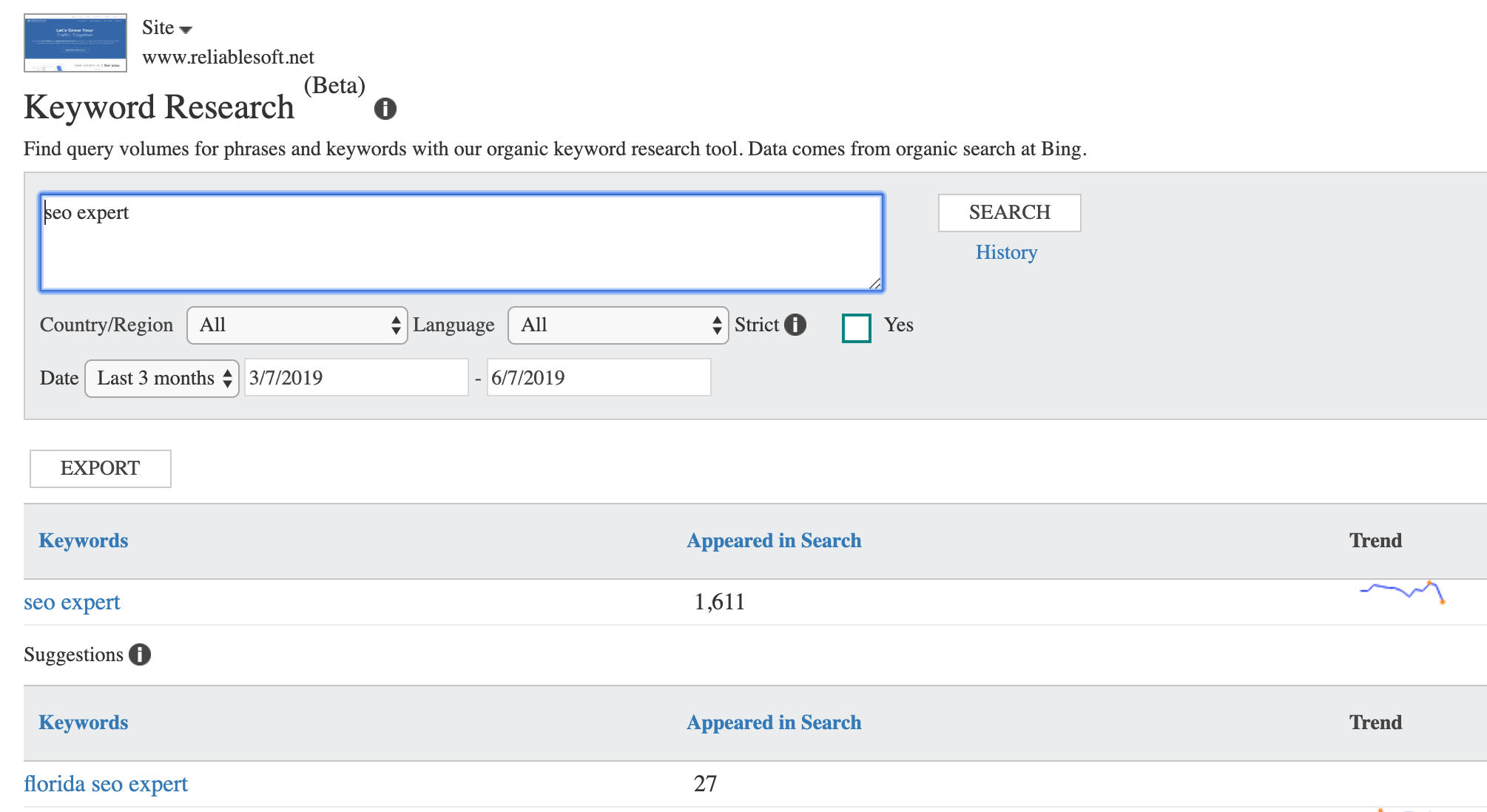 Bing Keyword Research Tool