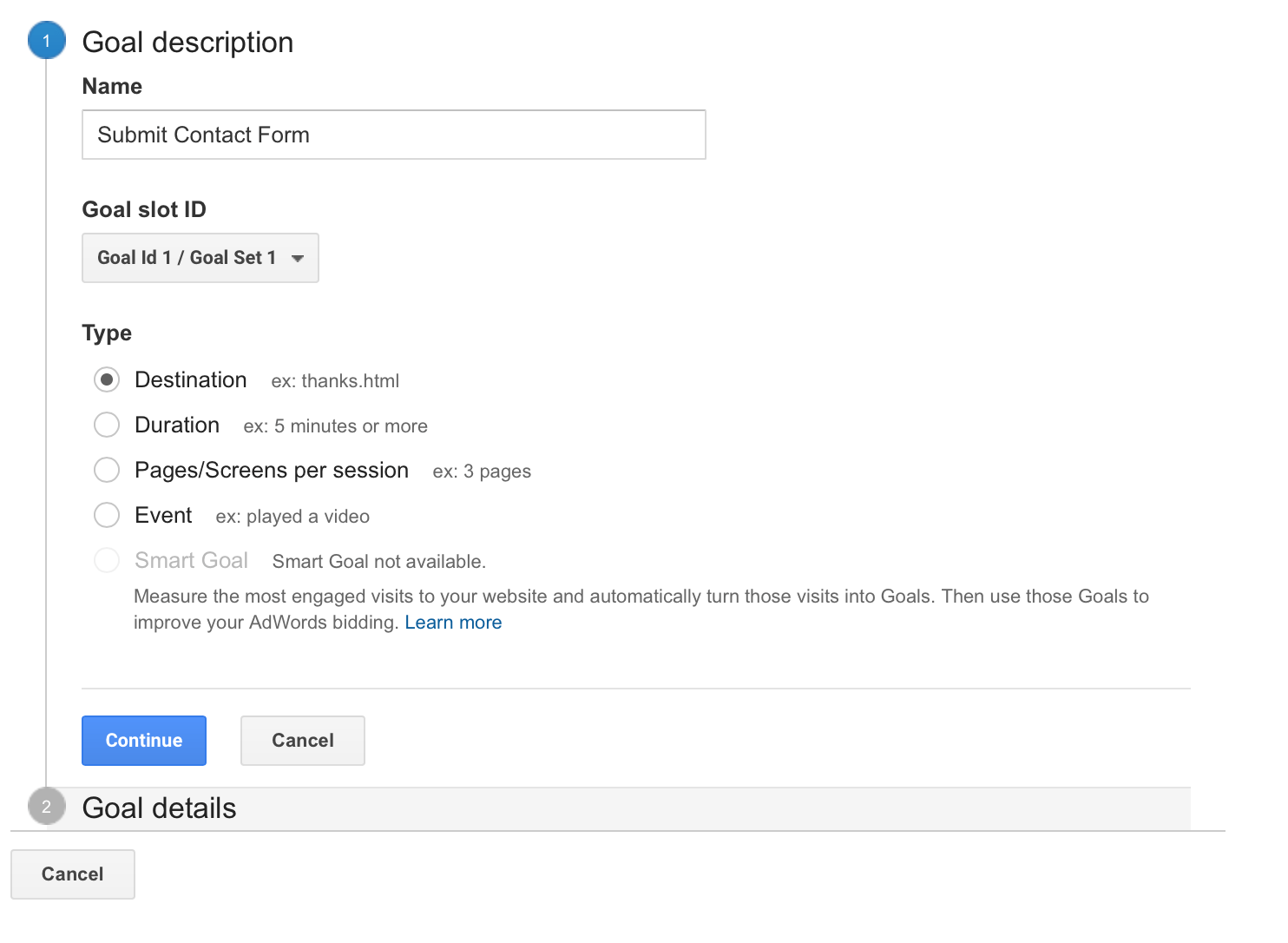 Create New Goals in Analytics