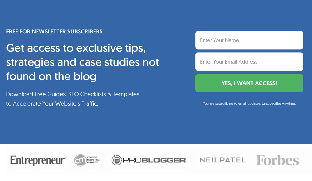Email list landing page.