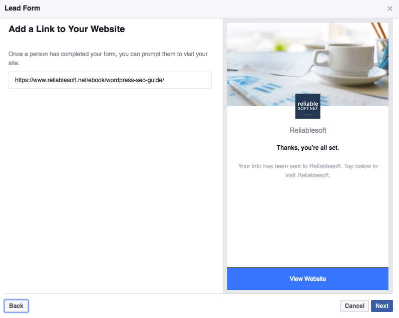 Facebook lead ads final step