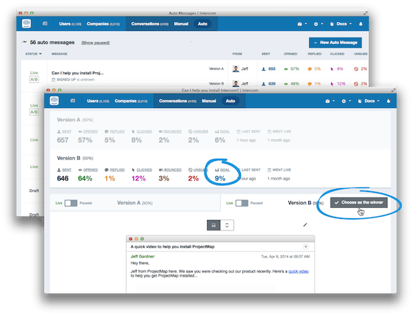 intercom a/b testing