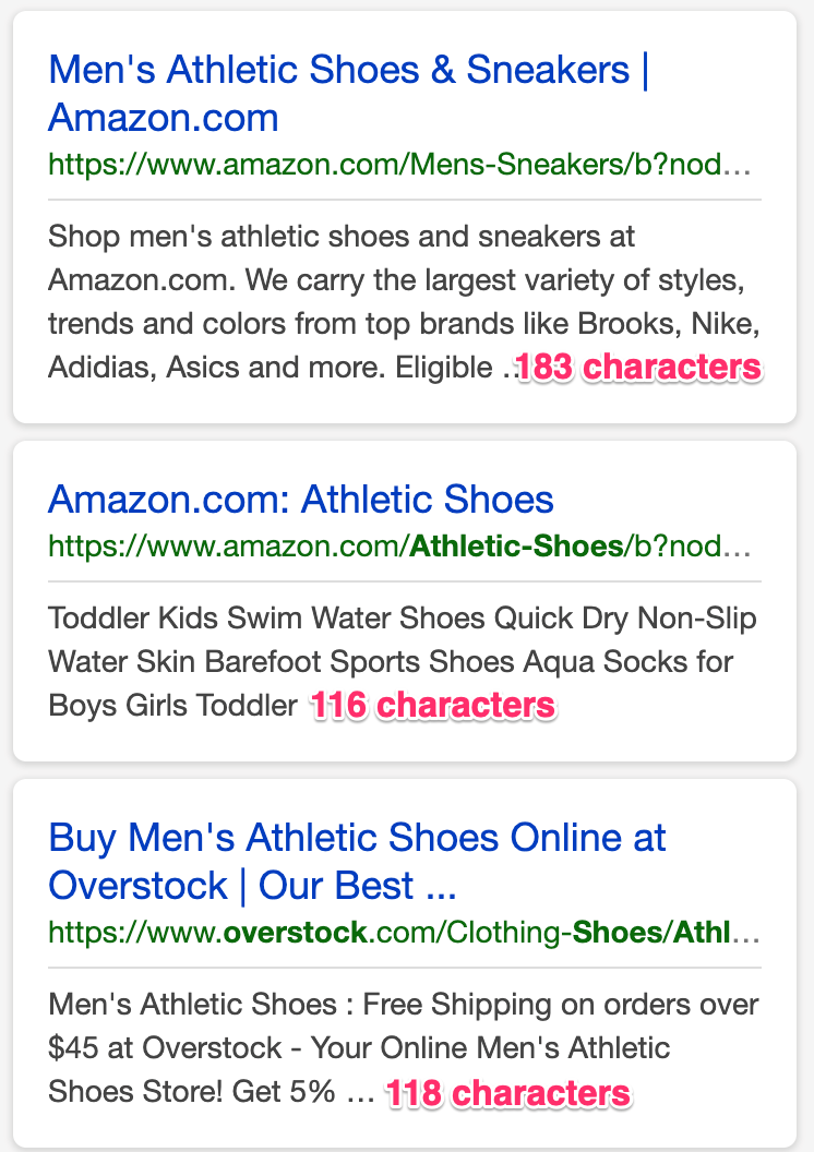 Average meta description length on Bing Mobile Search Results