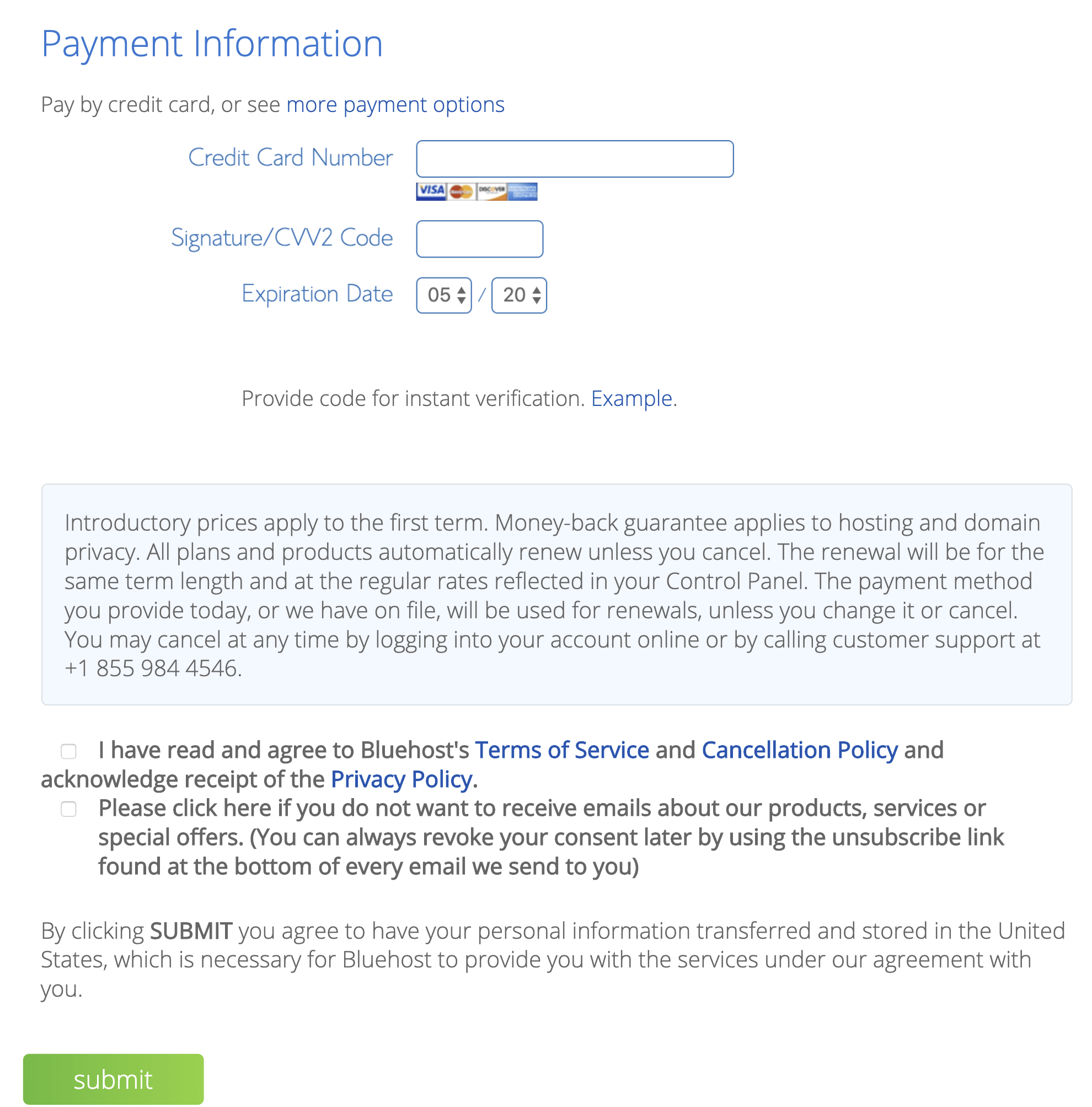 payment information