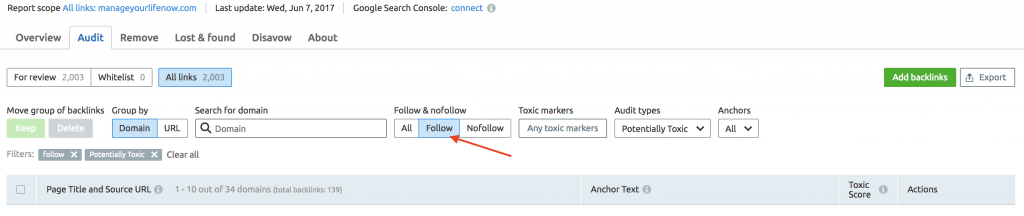 semrush backlink fliters