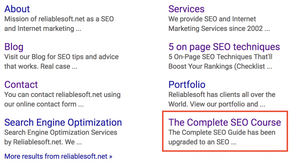 Example of Sitelinks to product pages